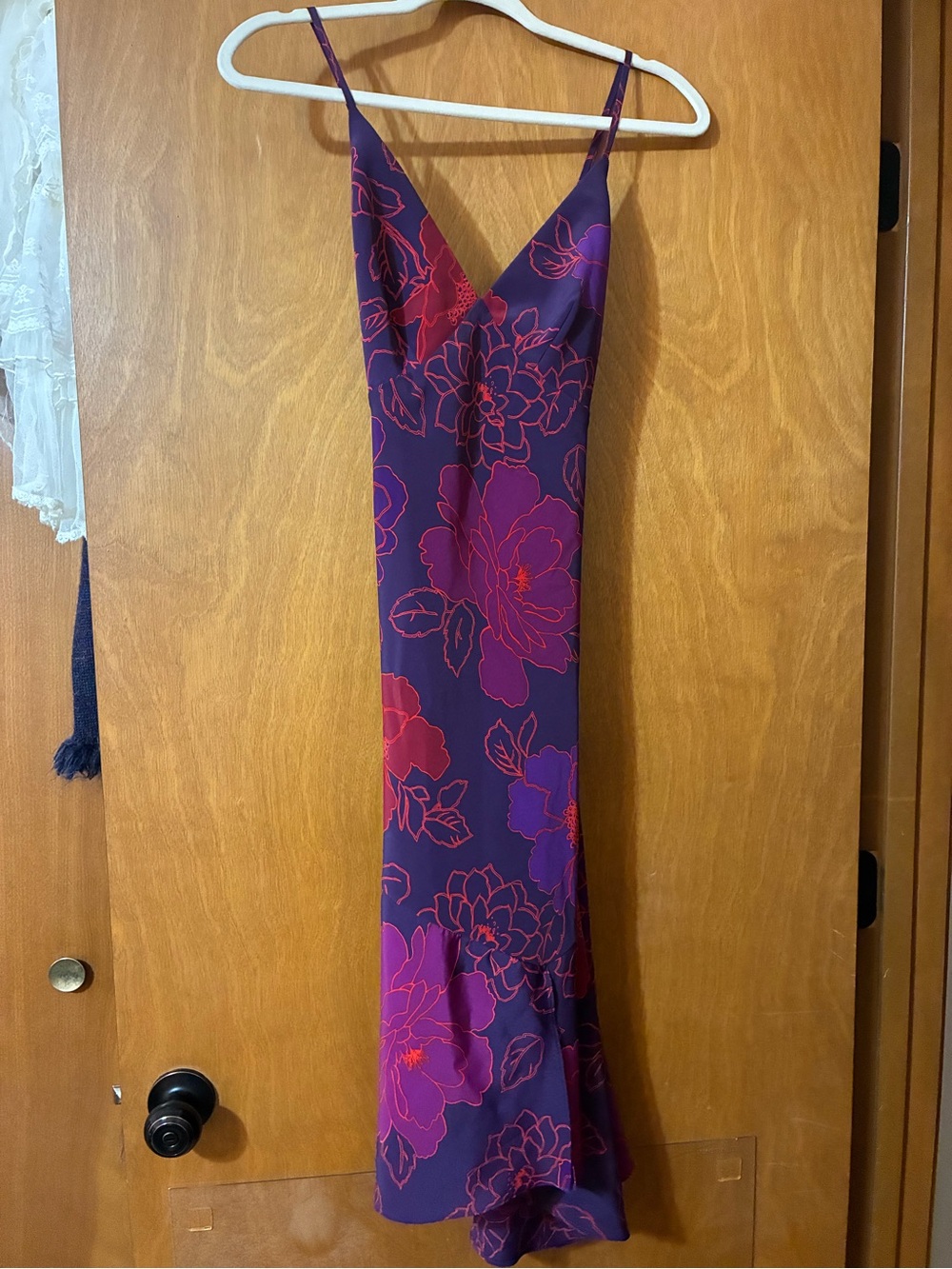 Express Purple Midi Slip Dress with Pink Floral Print